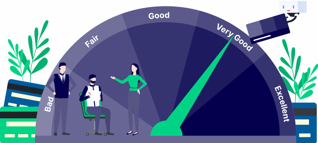 illustration of a team of credit experts analyzing a credit score with a large credit speedometer in the background