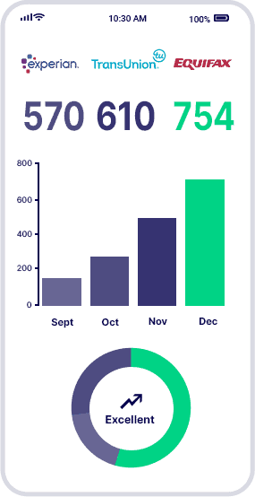 illustration of a mobile app showcasing a credit score graph and a rating of excellent