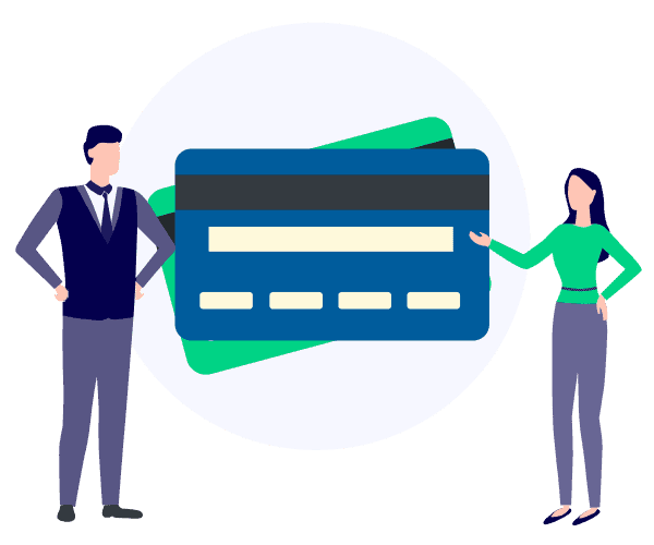 an illustration of a male and a female standing infront of two credit card illustrations