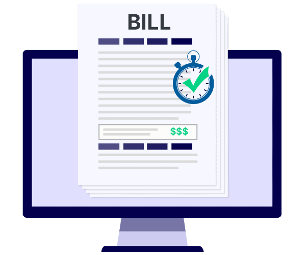 icon with a computer screen and a picture of a page with a bill heading and a stopwatch