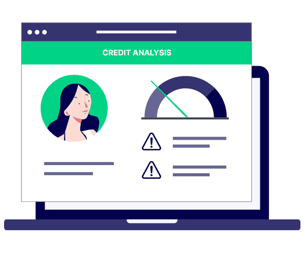 blue laptop illustration with a picture of a credit report and a headshot of a person