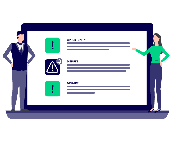 illustration of two people monitoring credit disputes on a laptop