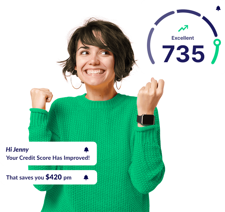 picture of a very happy young woman looking at a picture of your credit score increasing to 735