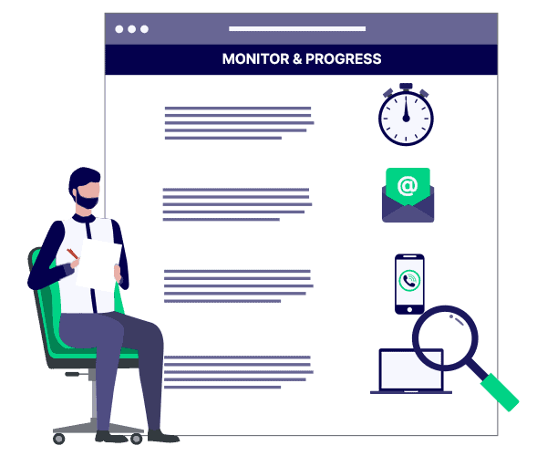 illustration of a male sitting on a chair monitoring the progress of a credit dispute