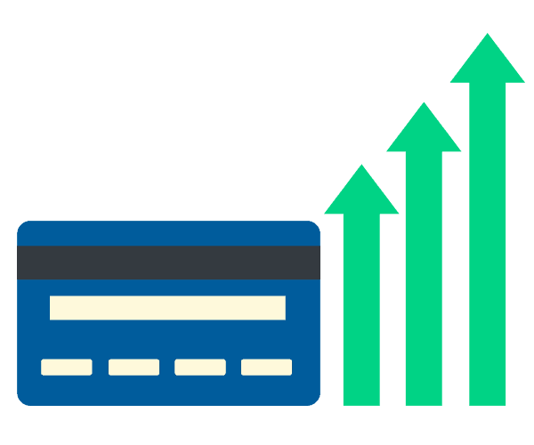 an illustration of a credit card with three green arrows pointing upwards  indicating raising of a credit card limit