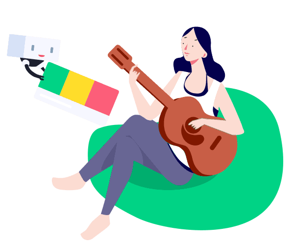 picture of a young woman sitting on a couch and playing the guitar while a robot fixes her credit score