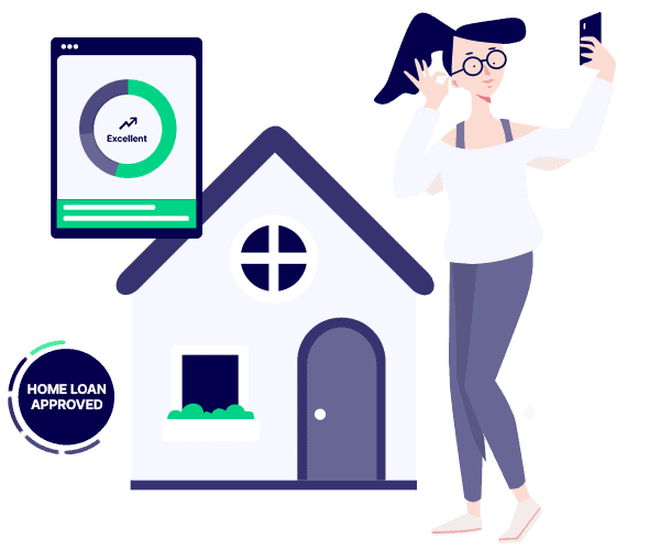 illustration of a happy young woman standing in front of a house she just received loan approval for