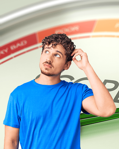 young man with a blue shirt looking confused with a credit repair speedometer icon in the background